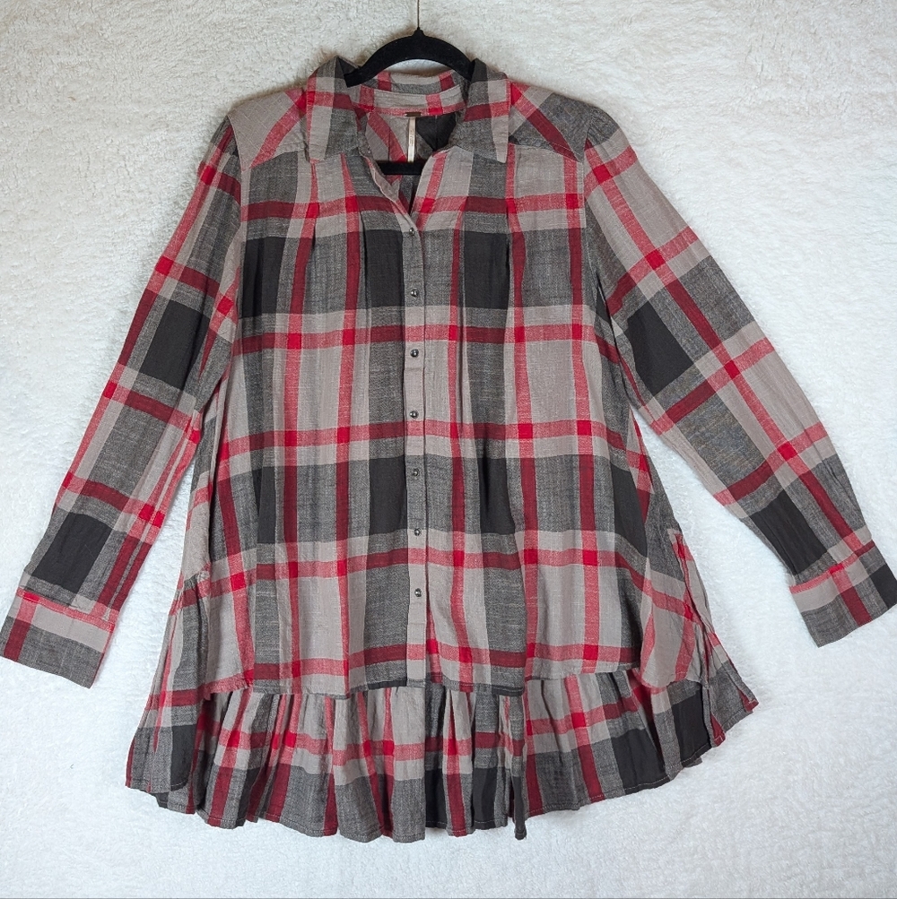 532-Free People Oversize Plaid Button-Front Tunic in Red, Black & Gray High Low